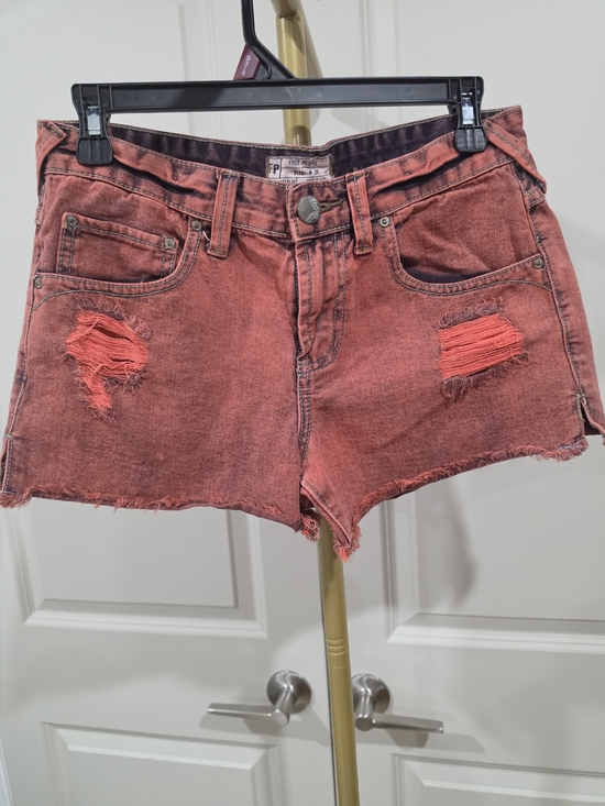 Free People Pants - Free People Overdyed Distressed Jean Shorts w/ Raw Hem in Sunrise Red Size 26